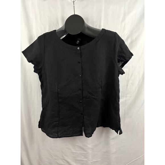 Eileen Fisher Black 100% Irish Linen Button Blouse Top Cap Sleeves LARGE - Picture 10 of 16